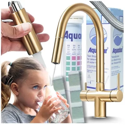 Produktbild von Ari Slender 3-Wege Küchenarmatur Gebürstetes Gold Mit Ausziehbrause, Filterwasser-Auslauf, 360° Drehbar, Messing, 2 Hebel