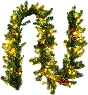 Immagine prodotto di KOMFOTTEU Ghirlanda natalizia da 270 cm con illuminazione a LED, ghirlanda di abete artificiale con bacche rosse e pigne, decorazione natalizia per scale e caminetti