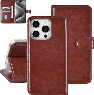 Produktbild von TUNIQ iPhone 16 Pro Book type case - Card holder for 3 cards - Magnetic closure - Brown