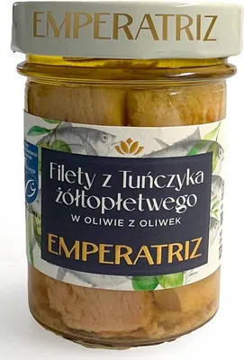 TUŃCZYK ŻÓŁTOPŁETWY FILETY MSC W OLIWIE Z OLIWEK 200 g (130 g) (SŁOIK) - EMPERATRIZ