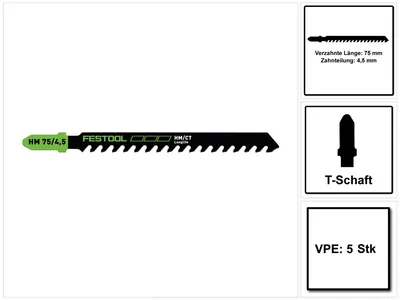 Imagen del producto de Festool HM 75/4,5/5 Materiales de construcción Hoja de sierra de calar 75 mm 5 pzs. ( 5x 204343 ) aglomerado de yeso y cemento y tablero de fibras
