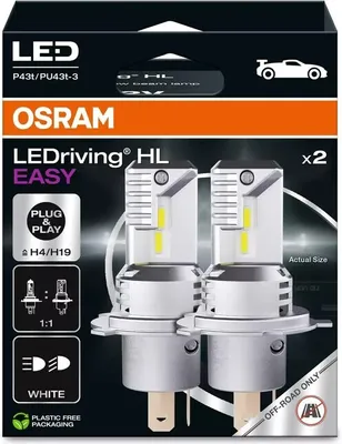 The image shows the retail packaging of OSRAM LEDriving HL EASY LED bulbs.