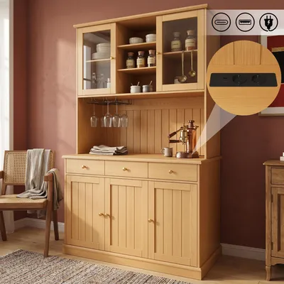 Zdjęcie produktu dla Komoda bufetowa 120 x 40 x 191 cm ze szklanymi drzwiami, uchwytem na kieliszki, szufladą, regulowanymi półkami, 2 gniazdkami, USB-A i USB-C, szafka do jadalni, kolor naturalny