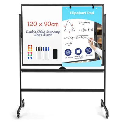 Zdjęcie produktu dla Mobilna tablica magnetyczna 160/180 cm z regulacją wysokości i możliwością obrotu o 360°, dwustronna tablica magnetyczna 120x90 cm ze stojakiem, aluminiowa rama tablicy z półką na pisaki wraz z akcesoriami (czarna)