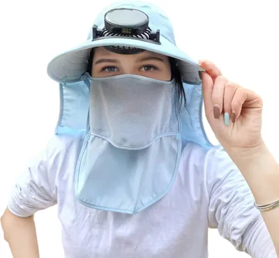 Produktbild von Solar-Fan-Hut mit breiter Krempe für Männer und Frauen, Fischerhut für den Außenbereich, mit Nackenklappe und Gesichtsschutz zum Wandern und Camping