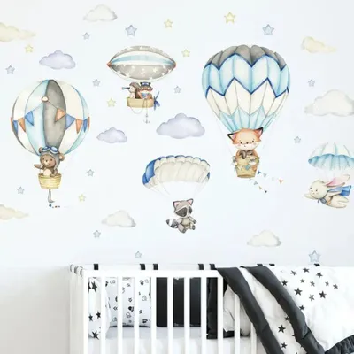 Produktbild von Wandsticker Kinderzimmer Tiere Heißluftballon Wolken Waldtiere Wandtattoo selbstklebend abnehmbar Babyzimmer Kindergarten Deko