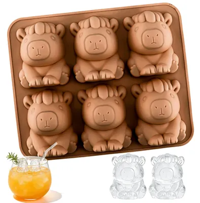 Silikon-Eiswürfelform 3D Capybara, 6 Fächer, BPA-frei, braun