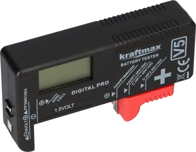 A black digital battery tester with a red slider, showing various battery type indicators and a small LCD screen.