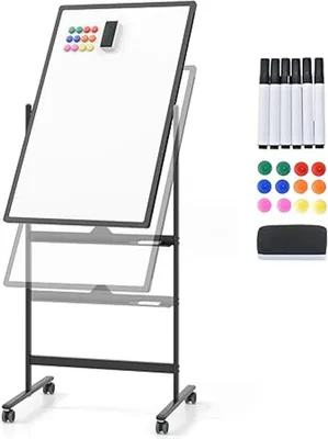 Produktbild von Doppelseitiges mobiles Whiteboard, 60 x 90 cm, magnetisches Whiteboard höhenverstellbar mit Rollen & Ständer, mit Stiftablage, inkl. Zubehör