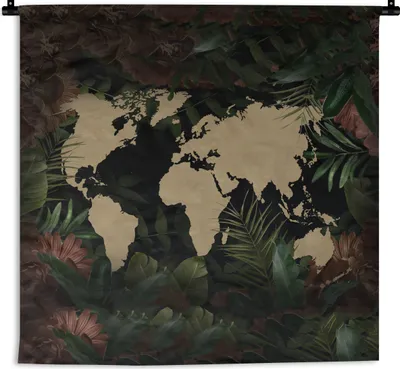 Produktbild von MuchoWow® Wandteppich Wandbehang Weltkarte - Blumen - Pflanzen 150x150 cm Tapisserie Dekoration Wandtuch - Wohnaccessoires - Modernes