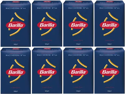 Eight boxes of Barilla Maccheroni Nr 44 pasta are arranged in a two-by-four grid.
