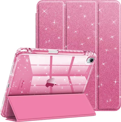 Produktbild von Fintie Glitzer Hülle für iPad Air 11 Zoll (M4/M3/M2, 2026/2025/2024), iPad Air 5./4. Gen (2022/2020) 10,9", dünne stoßfeste Schutzhülle mit Stifthalter, glänzend durchsichtiger Rückseite, Rosa