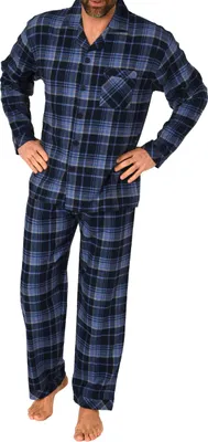 Produktbild von Durchgeknöpfter Herren Flanell Schlafanzug langarm, Pyjama mit Karo-Muster ; marine , 56