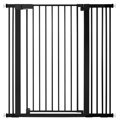 Zdjęcie produktu dla COMOMY Barierka zabezpieczająca do drzwi o wysokości 107 cm, barierka zabezpieczająca do schodów o szerokości 75–110 cm, bez wiercenia, automatyczne zamykanie i blokada 90°, metalowa barierka zabezpieczająca, czarna