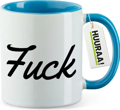 Produktbild von Huuraa Kaffeetasse Fuck englisch Schriftzug 330ml Blau Keramik Kaffeebecher Geschenkidee