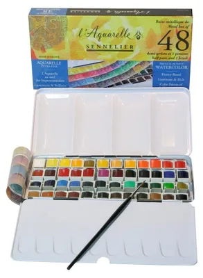 Aquarellfarben-Set, 48 halbe Näpfe, Metalldose, inkl. Pinsel
