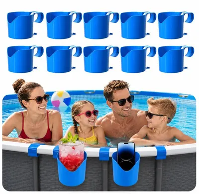 Produktbild von 10er-Set Pool Getränkehalter, Kunststoff Becherhalter für Poolrand, blau – Poolside Getränkehalter & Dosenhalter für Schwimmbad, Spa & Whirlpool