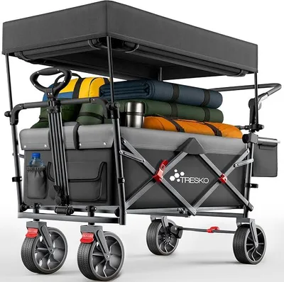 Produktbild von Bollerwagen Faltbar mit Dach, Kühlfach & Seitenrollos | Handwagen max. belastbar bis 150kg | Transportwagen mit Vollgummireifen & Feststellbremsen (Vorne & Hinten) und 3-Punkt-Gurt (Schwarz)