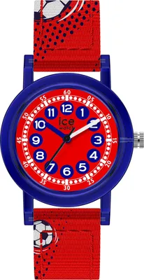 A close-up of a children's watch with a soccer ball theme.