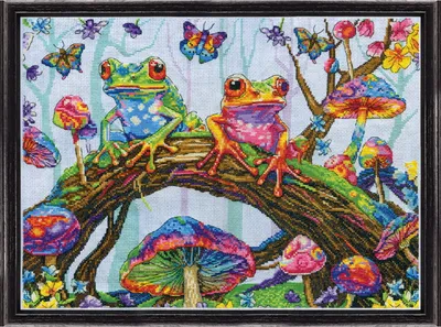 Image de Design Works Kit de broderie au point de croix "Grenouilles fantaisie", motif à compter, 30x40cm