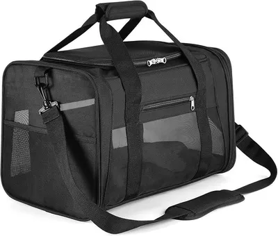Produktbild von Transportbox für Hunde und Katzen 43x28x28 cm, Faltbar, Wasserdicht, mit Schultergurt, Weich Gepolstert, für Reisen im Flugzeug, Auto oder Zug, für Haustiere, Schwarz