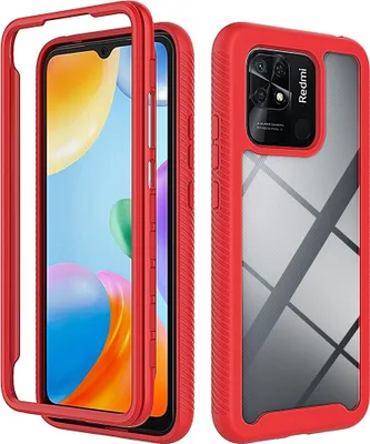 Produktbild von Redmi 10C Hülle, Hybrid Transparente Rückseite Robust TPU Bumper Rutschfest Stoßfest Ganzkörper Schutzhülle für Xiaomi Redmi 10C Rot