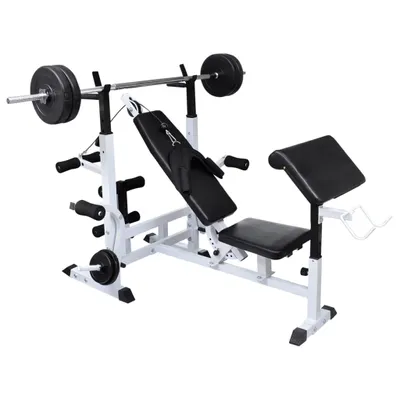 Zdjęcie produktu dla vidaXL Ławka treningowa z półką, sztangą i zestawem hantli 90 kg
