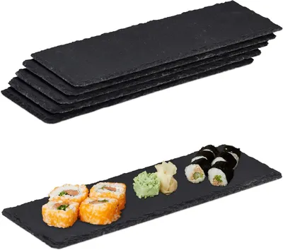 Image de Assiettes en ardoise - Lot de 12 - Assiettes de service rectangulaires en ardoise - Pour servir et présenter - 30 x 10 cm - Assiettes pour sushi - Anthracite