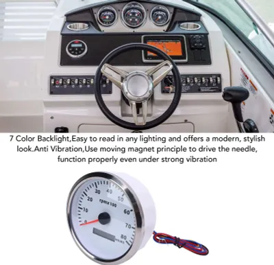 Image de Compte-tours 110 mm 4-3/8 pouces, rétroéclairage 7 couleurs, CC 9-32 V, 8000 tr/min, appareil de mesure avec compteur d'heures de service pour voiture, yacht, camping-car, bateau, camion, cadran blanc, lunette argentée CXA012