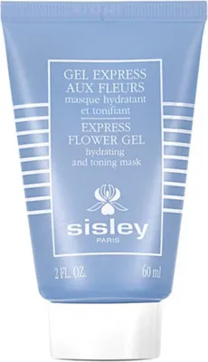 A light blue tube of Sisley Express Flower Gel hydrating and toning mask with white text and a floral logo.
