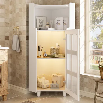 Produktbild von Fortuna Lai Weißer Eck-Schrank mit Lackoberfläche & LED-Beleuchtung – Moderne Eck-Kommode mit App-Steuerung, für Wohnzimmer, Bücherregal, Badezimmer (63.5*124cm, Weiß)