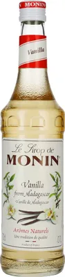 A bottle of Monin Vanilla syrup.