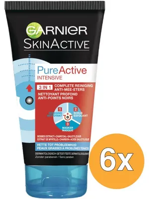Productafbeelding van 6x Garnier Pure Active Charcoal 3 In 1 Gezichtsreiniging (150 ml)