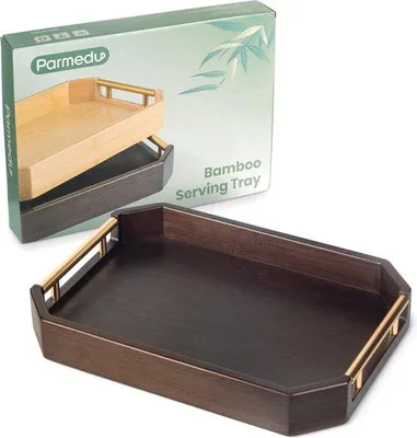 Image de Plateau en bambou brun avec poignées métalliques pour le petit-déjeuner
