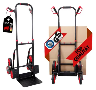 Produktbild von Klappbarer Profi-Treppensteiger TAURUS 150 mit | Traglast 150kg | HxBxT 110x45x61cm | Stahlrahmen, ergonomische Griffe, pannensichere Vollgummibereifung | Rot-Schwarz | Sackkarre Transportkarre Staplerkarre