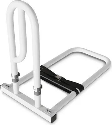 A white metal bed rail with a black strap for assistance in getting in and out of bed.