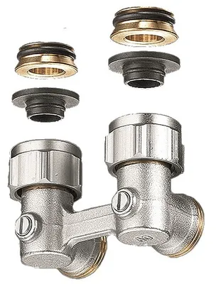 Image de Oventrop Zweirohrhahnblock Absperrwinkelverschraubung ÜM 3/4" x AG 3/4", Winkelform