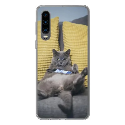 Produktbild von MuchoWow® Handyhülle Schutzhülle Hülle für Huawei P30 Katze - Bank - Faule Silikon Softcase Handy Hülle - Kartenbesitzer