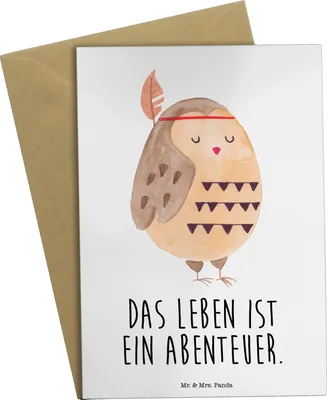 Produktbild von Mr. & Mrs. Panda Klappkarte Eule Federschmuck - Weiß - Geschenk, Entspannt, Abenteuer, weihnachtskarten, osterkarten, Dekoration, Glückwunschkarte, einladungskarten