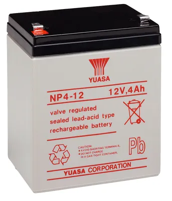 A white and black Yuasa NP4-12 12V, 4Ah rechargeable lead-acid battery is shown against a white background.
