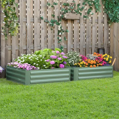 Produktbild von Hochbeet Garten, Pflanzkübel 2er-Set, Blumenkasten offener Boden, Stahlrahmen, Grün | 2 x 10 kg | 100 x 100 x 30 cm