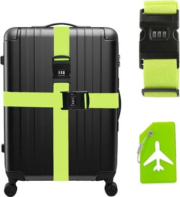 Produktbild von Koffergurt Kofferanhänger Set, Personalisierte Gepäckband mit Identifikationsanhänger für Reisekoffer und Reisetaschen, Praktisches Gepäckband Set zur schnellen Erkennung (Grüner)