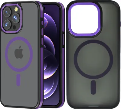 Two views of an iPhone case with MagSafe compatibility, one showing the back with the Apple logo and the other showing the front with the camera cutout.
