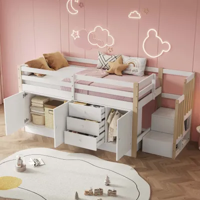 Immagine prodotto di Letti per bambini AIORBER, 90 x 200 cm, con cassetti, con 2 armadietti e appendiabiti, gradini di sicurezza, senza materasso, salvaspazio, bianco