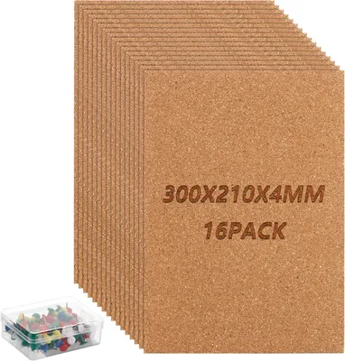 Productafbeelding van Kurkbord set 30 x 21 cm, 16 stuks, 60 pinnen, voor kantoor