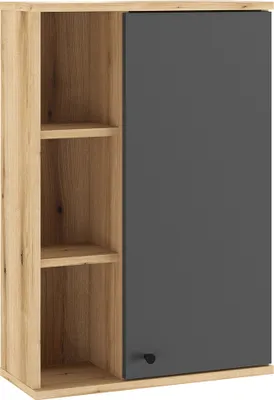 Produktbild von Badezimmer-Hängeschrank 51 cm breit in Eiche mit grau, 1 Tür, 3 offene Fächer OLEAN-61