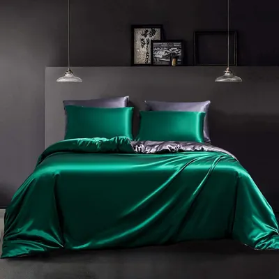 Productafbeelding van Satijn beddengoed, 200x220 cm, groen, donkergrijs. Omkeerbaar beddengoed, 3-delig, met rits