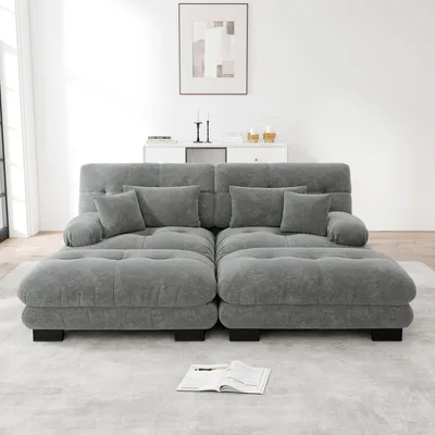 Produktbild von Cloud Ecksofa für Wohnzimmer, Chenille Doppelsofa mit 2 Lendenkissen und 2 Dekokissen, Polstersofa mit breiten Armlehnen und 2 Ottomans, Chenille Grau