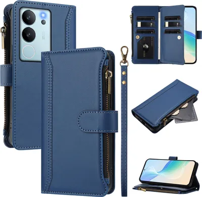Obrázek produktu pro Pouzdro pro Vivo V29E/V30 Lite 5G, zipem, peněženkovéPolyuretankožené flip pouzdro s kapsami na karty, stojánkem a poutkem na ruku modrý