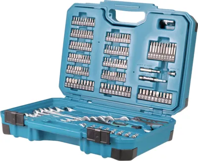 A tool kit with various bits and drills inside an open turquoise case.